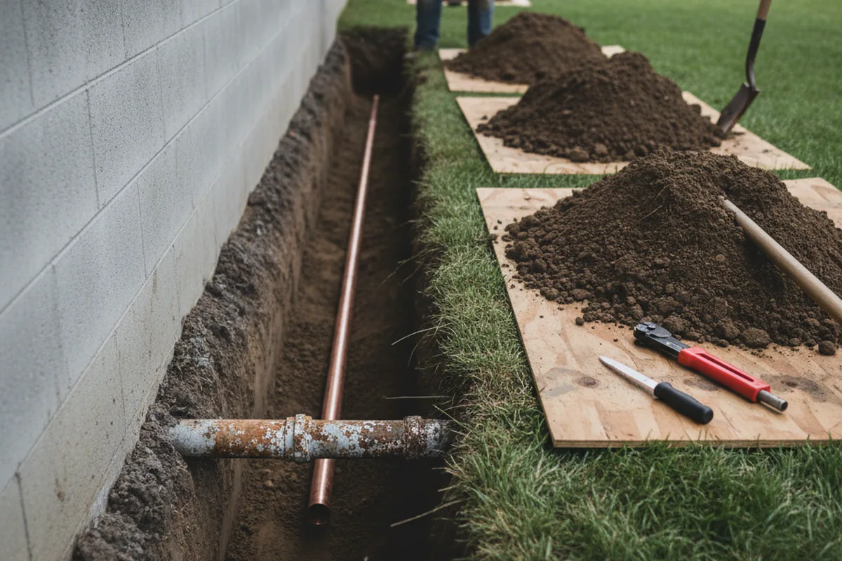 Excavated water line trench during Water Softener Installation in Sunnyvale